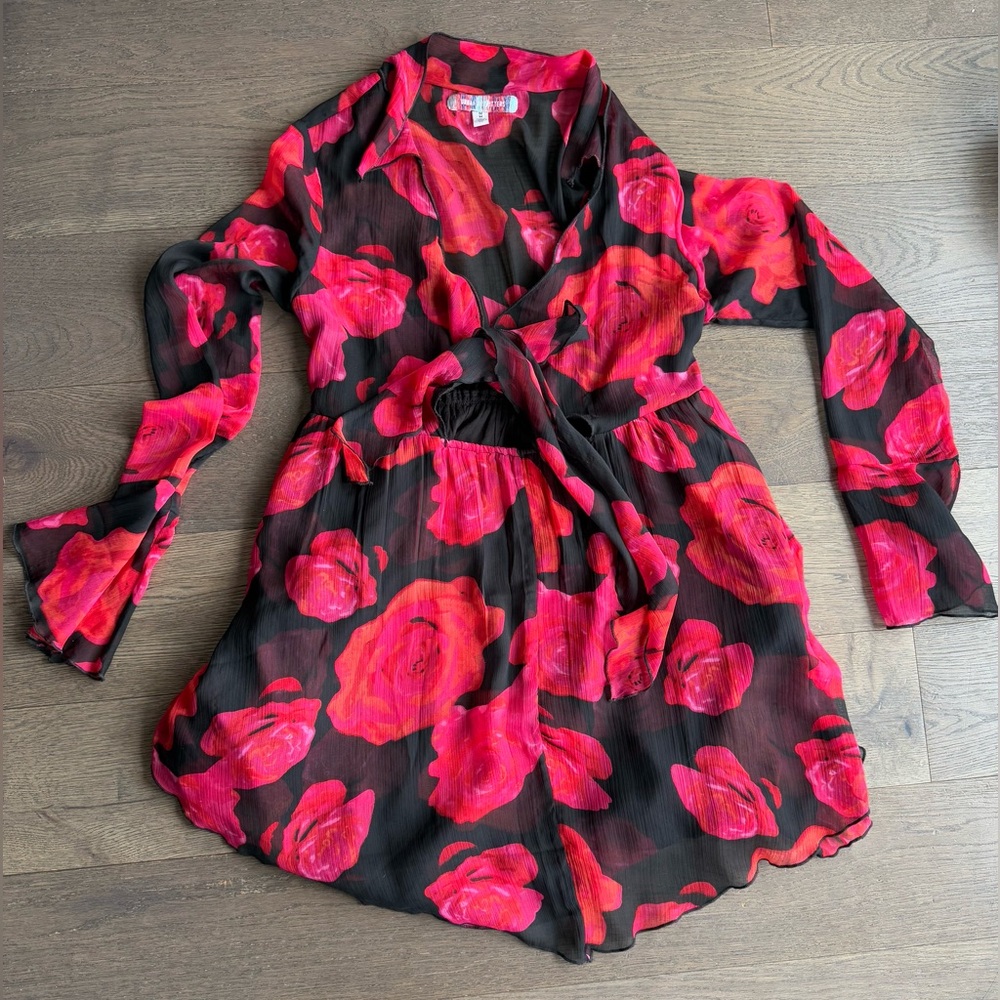 Urban Outfitters Kiki Tie Front Black, Hot Pink & Red Floral Mini Dress - Picture 3 of 5
